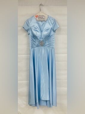 Light Blue Satin Midi Dress w/ Beaded Waist Wedding Guest Gala Cocktail Fairy